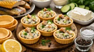 Фото рецепта: Тарталетки с копченой скумбрией и сыром нежная закуска