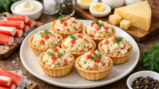 Фото рецепта: Тарталетки с крабовыми палочками и яйцом нежная закуска