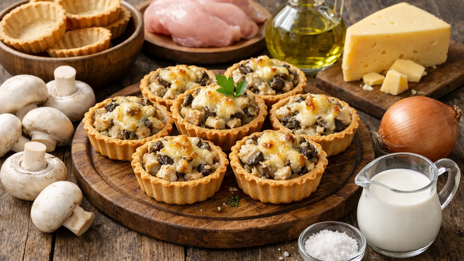 Фото блюда: Тарталетки с курицей грибами и сыром с сочной сливочной начинкой, рецепт с фото