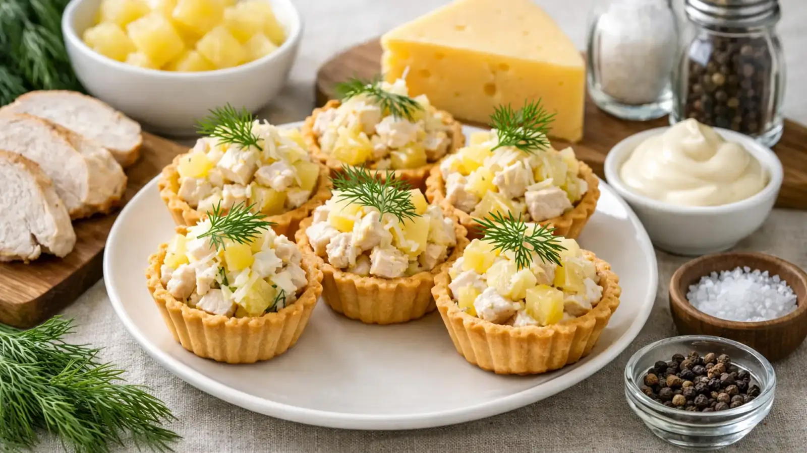 Фото блюда: Тарталетки с курицей и ананасом нежная праздничная закуска, рецепт с фото