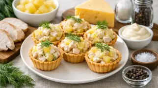 Фото рецепта: Тарталетки с курицей и ананасом нежная праздничная закуска