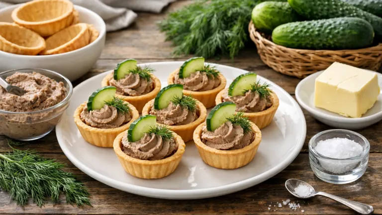 Фото блюда: Тарталетки с паштетом куриным и свежим огурцом с нежной текстурой