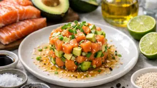 Фото рецепта: Тартар из лосося с авокадо и кунжутом нежный вариант