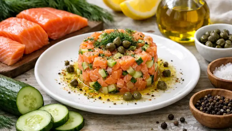 Фото блюда: Тартар из лосося с огурцом и укропом свежий и нежный