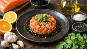 Фото блюда: Тартар из лосося с соусом понзу с освежающим цитрусовым вкусом