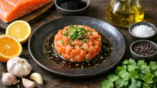 Фото рецепта: Тартар из лосося с соусом понзу с освежающим цитрусовым вкусом