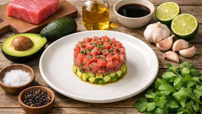 Фото блюда: Тартар из тунца с авокадо и кунжутным маслом с нежной текстурой