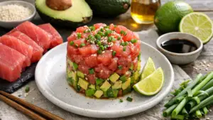Фото блюда: Тартар из тунца с авокадо и лаймом свежий ресторанный стиль