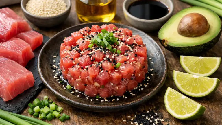 Фото блюда: Тартар из тунца с кунжутом и соевым соусом свежий ресторанный стиль