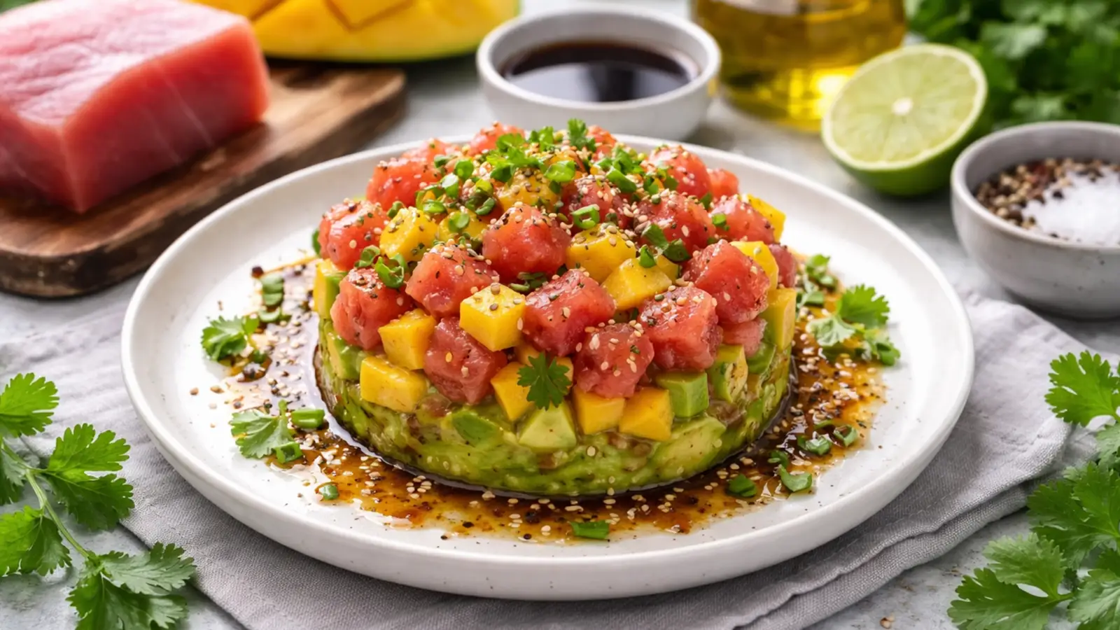 Фото блюда: Тартар из тунца с манго и соевым соусом свежий вариант, рецепт с фото