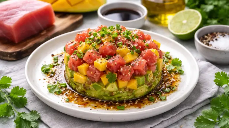 Фото блюда: Тартар из тунца с манго и соевым соусом свежий вариант