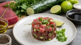 Фото рецепта: Тартар из тунца с огурцом и лаймом освежающий вариант