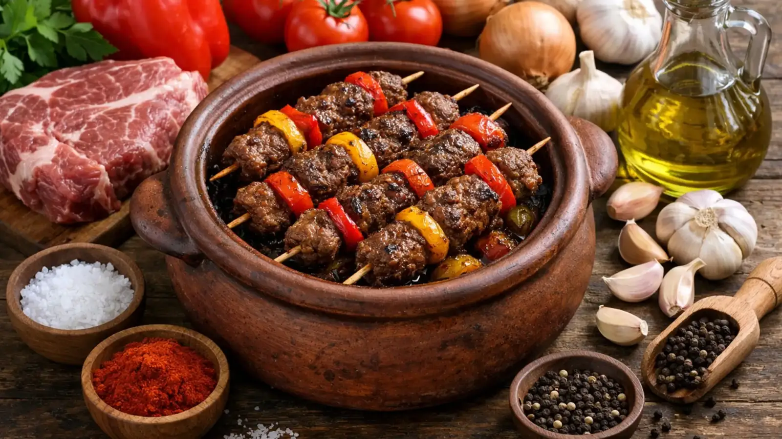 Фото блюда: Тести кебаб с говядиной и сладким перцем в глиняном горшке, рецепт с фото