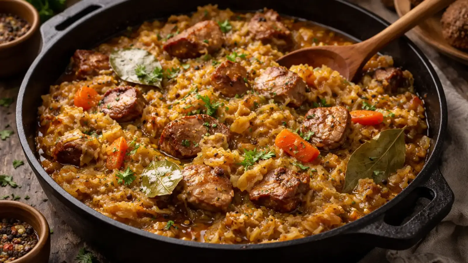 Фото блюда: Томленая капуста на свином бульоне с мясом и специями, рецепт с фото