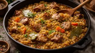 Фото рецепта: Томленая капуста на свином бульоне с мясом и специями