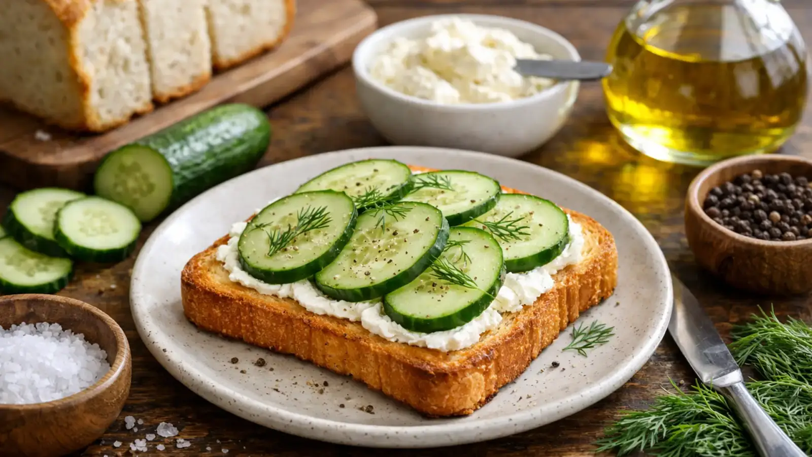 Фото блюда: Тост с творожным сыром и огурцом свежий для второго завтрака, рецепт с фото