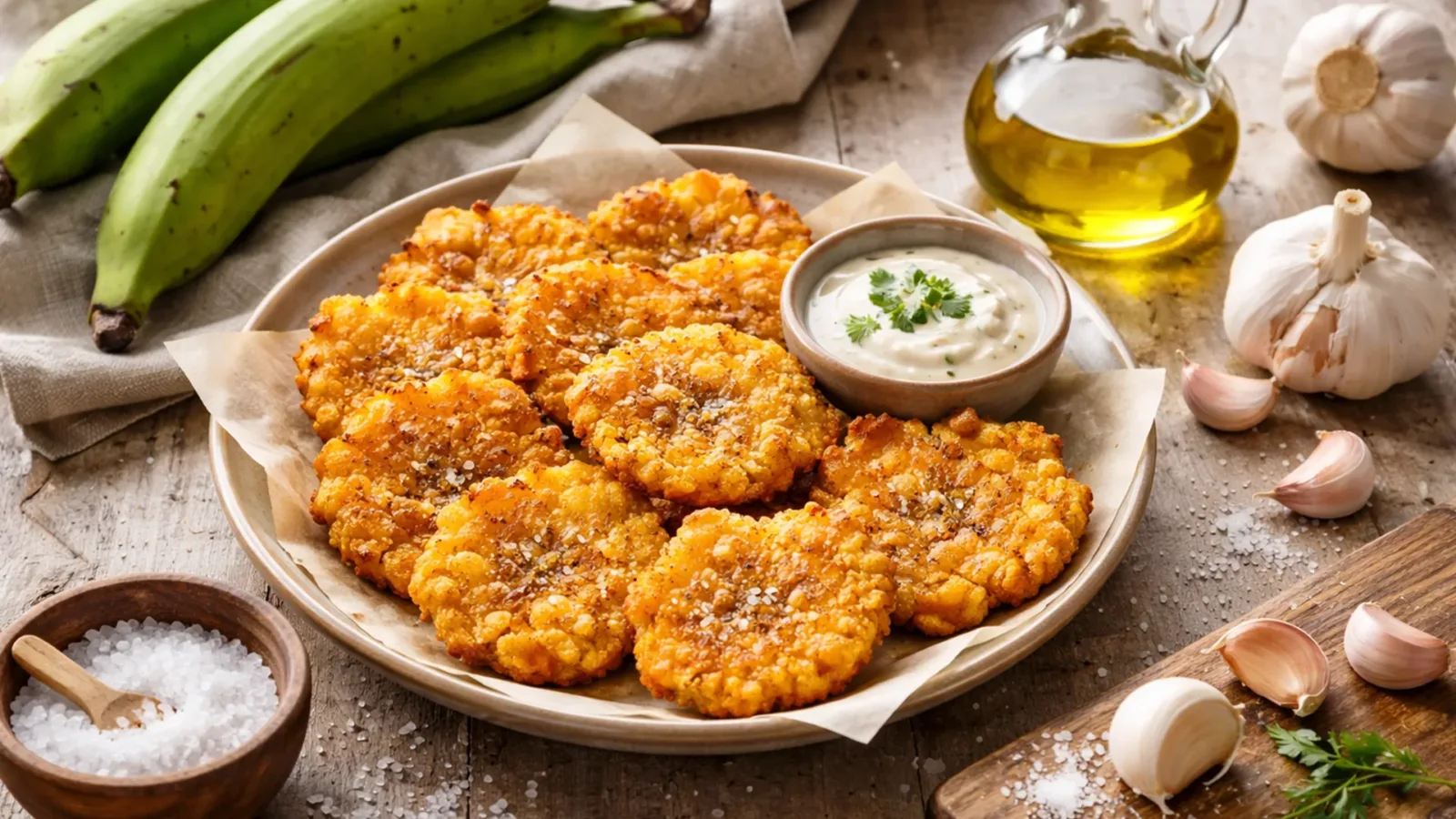 Фото блюда: Тостонес из зеленых бананов плантайн с чесноком на сковороде, рецепт с фото