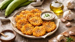 Фото рецепта: Тостонес из зеленых бананов плантайн с чесноком на сковороде