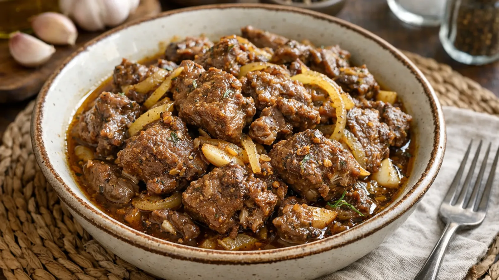 Фото блюда: Козлятина тушеная с луком и ароматными специями, рецепт с фото