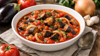 Фото рецепта: Баклажаны тушеные с томатами и репчатым луком на сковороде