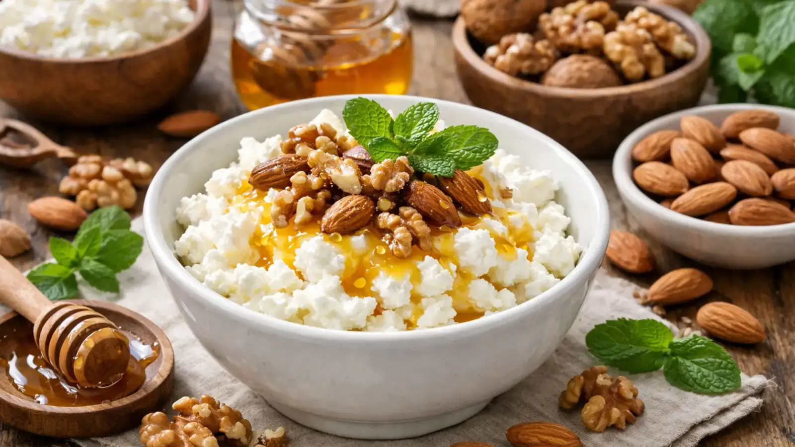 Фото блюда: Творог с медом и орехами полезный для второго завтрака, рецепт с фото