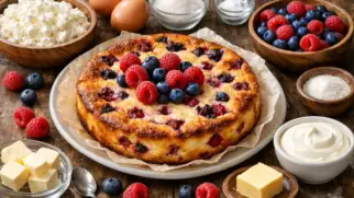 Фото рецепта: Творожная запеканка с ягодами нежная для полдника