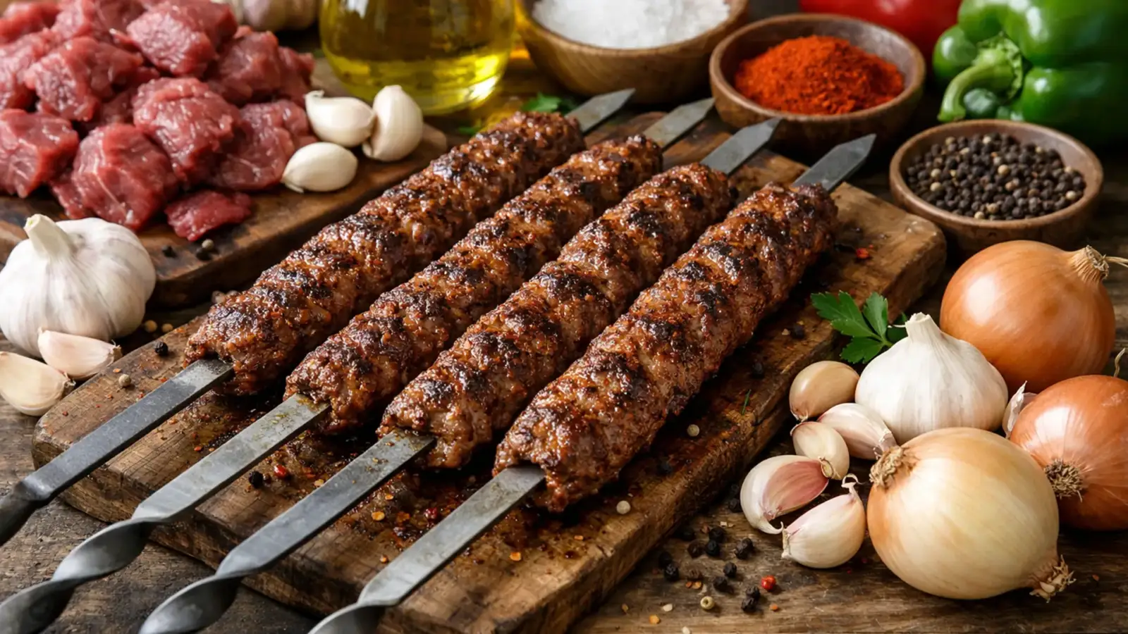 Фото блюда: Урфа кебаб из говядины с чесноком на гриле, рецепт с фото