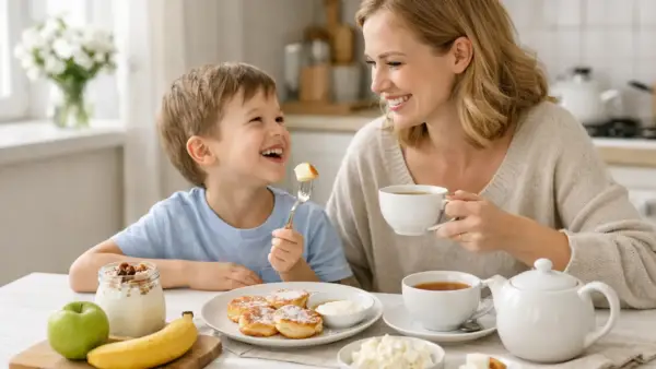 Семейный второй завтрак на кухне с фруктами, йогуртом и сырниками