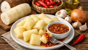 Фото блюда: Маниока вареная с острым соусом и пряным ароматом