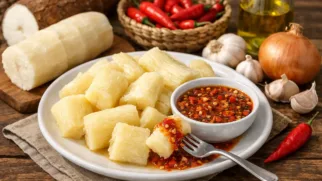 Фото рецепта: Маниока вареная с острым соусом и пряным ароматом