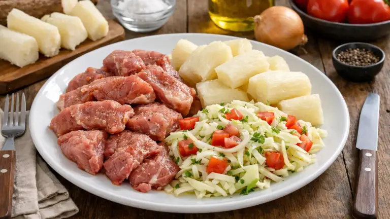 Фото блюда: Вигорон свинина с капустным салатом и маниокой по никарагуанскому рецепту