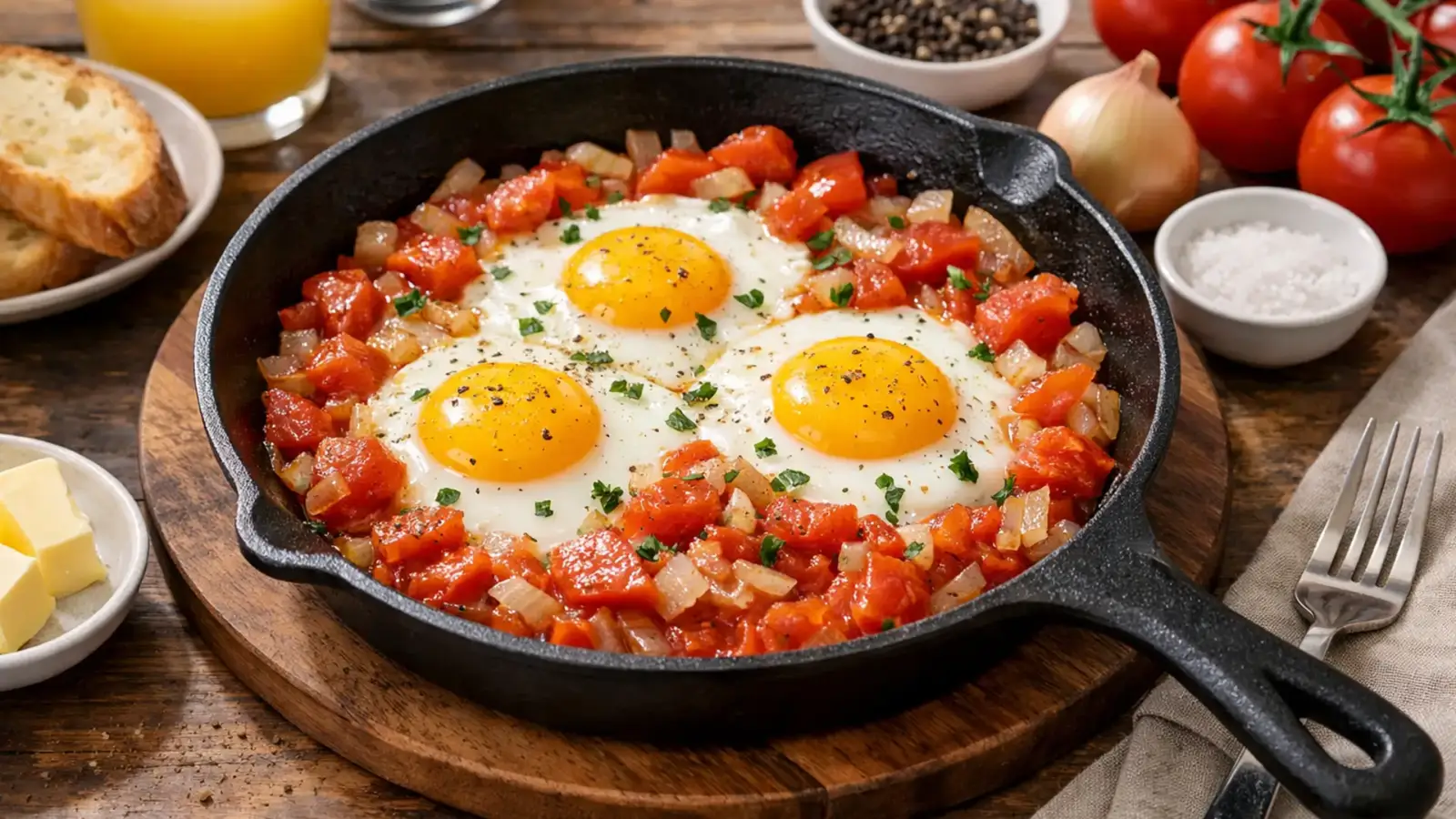 Фото блюда: Яичница с помидорами и луком сочная с мягкой текстурой, рецепт с фото