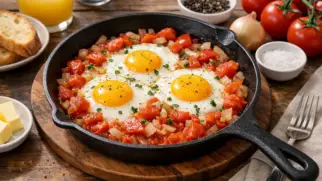 Фото рецепта: Яичница с помидорами и луком сочная с мягкой текстурой