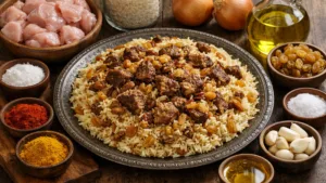 Фото блюда: Зурбиан пряный рис с курицей и сладким изюмом в восточном стиле