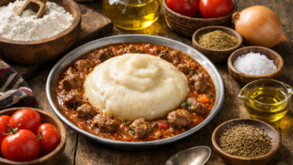 Фото рецепта: Асида густая каша с мясным соусом и ароматными специями