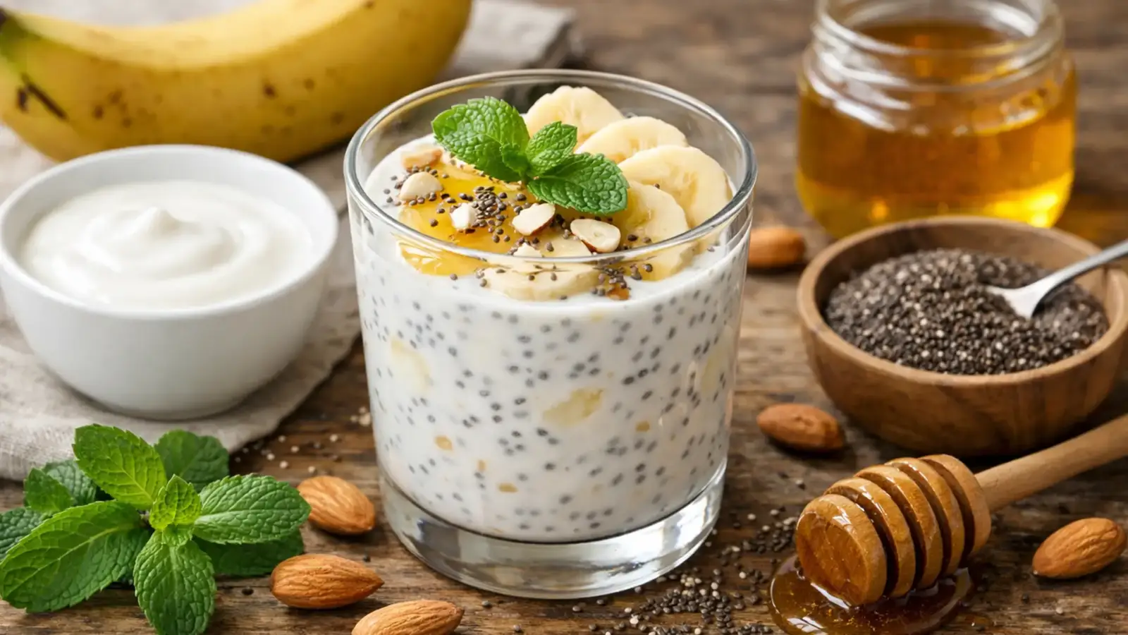 Фото блюда: Йогурт с бананом и семенами чиа полезный для второго завтрака, рецепт с фото
