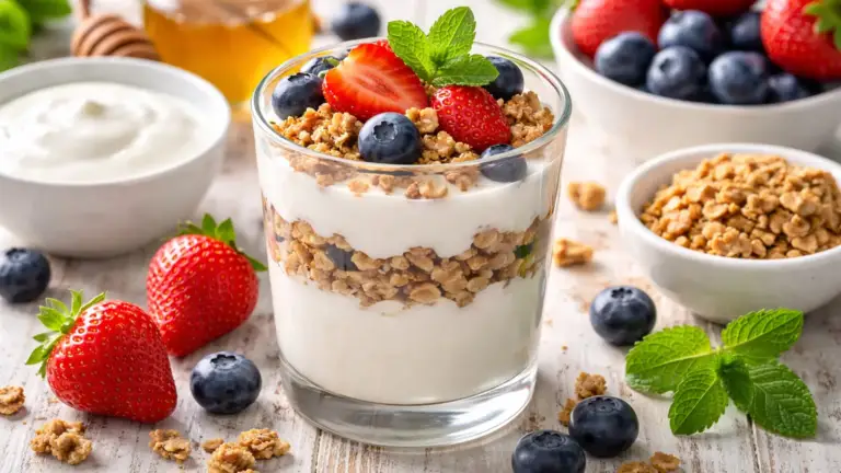 Фото блюда: Йогуртовый десерт с гранолой и ягодами для полдника