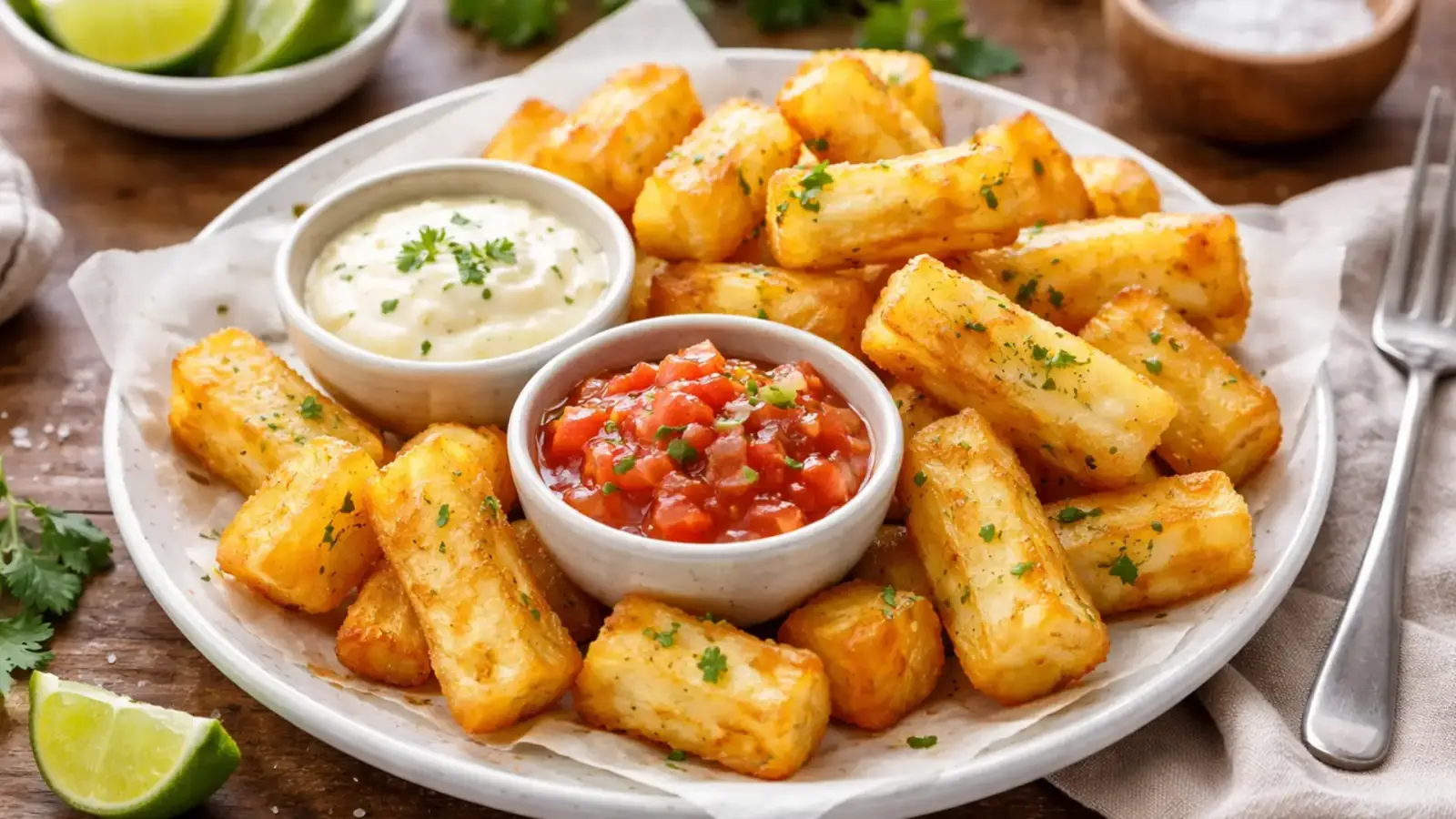 Фото блюда: Юка фрита — жареная маниока с соусом по панамскому рецепту, рецепт с фото