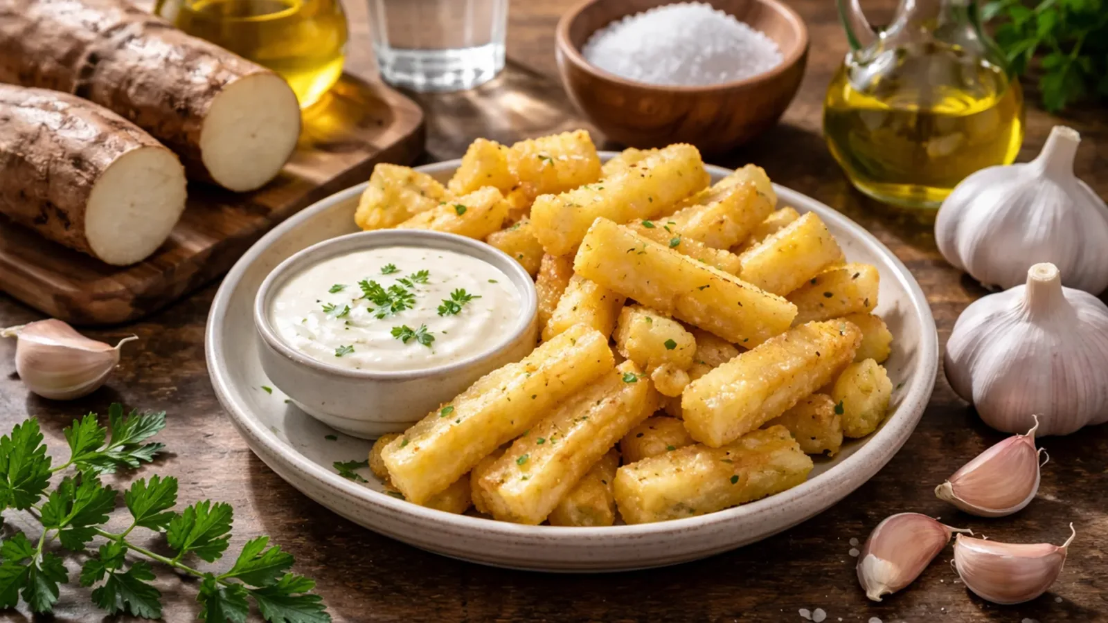 Фото блюда: Юка с чесночным соусом по кубинскому рецепту с мягкой текстурой, рецепт с фото