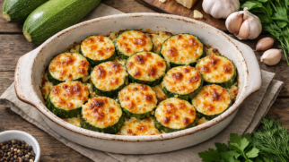 Фото рецепта: Кабачки запеченные с сыром и чесноком в духовке с румяной корочкой