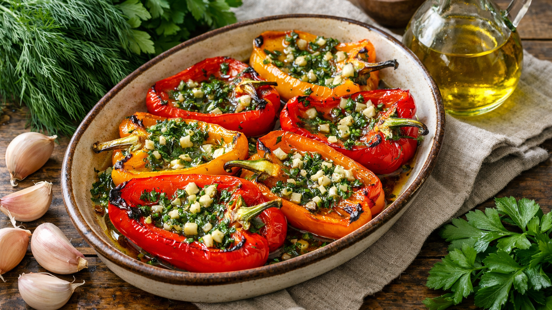 Фото блюда: Сладкий перец запеченный с чесноком и свежей зеленью в духовке