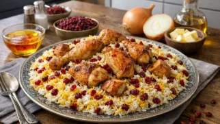 Фото рецепта: Яркий зерешк поло с барбарисом и курицей