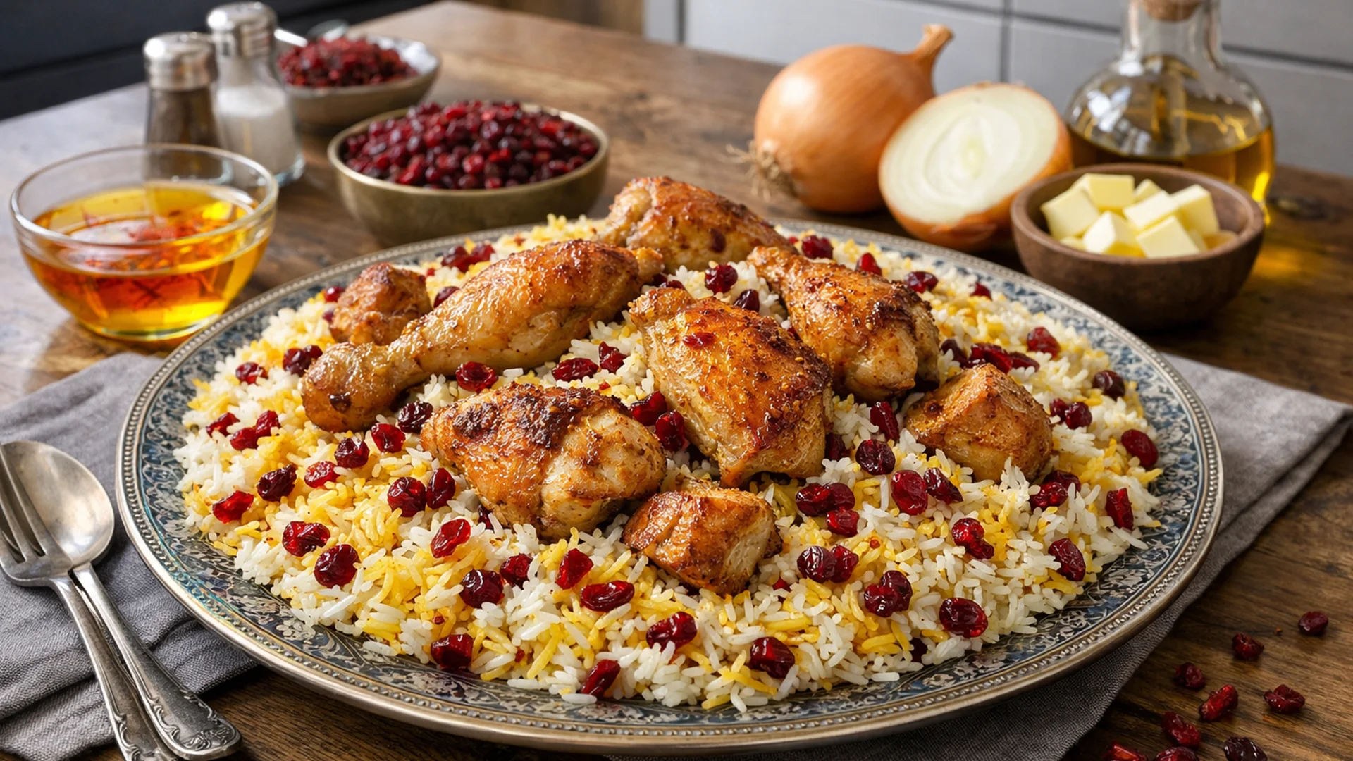 Фото блюда: Яркий зерешк поло с барбарисом и курицей