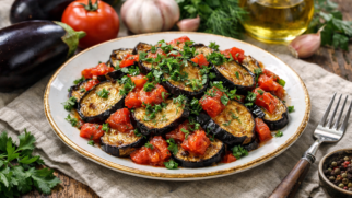 Фото рецепта: Баклажаны жареные с томатами и свежей зеленью на сковороде