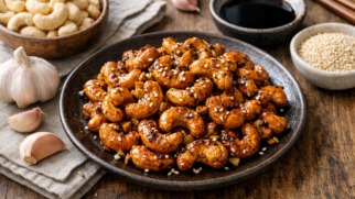 Фото рецепта: Кешью жареный с соевым соусом чесноком и кунжутом на сковороде