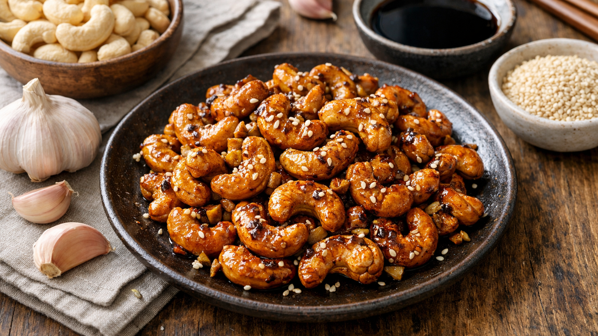 Фото блюда: Кешью жареный с соевым соусом чесноком и кунжутом на сковороде