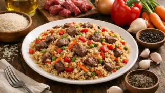 Фото рецепта: Жареный рис с овощами и мясом по нигерийскому рецепту