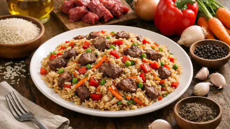 Фото блюда: Жареный рис с овощами и мясом по нигерийскому рецепту