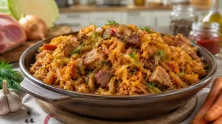 Фото рецепта: Сытный бигос из тушеной капусты с мясом и копчёной колбасой по польскому рецепту