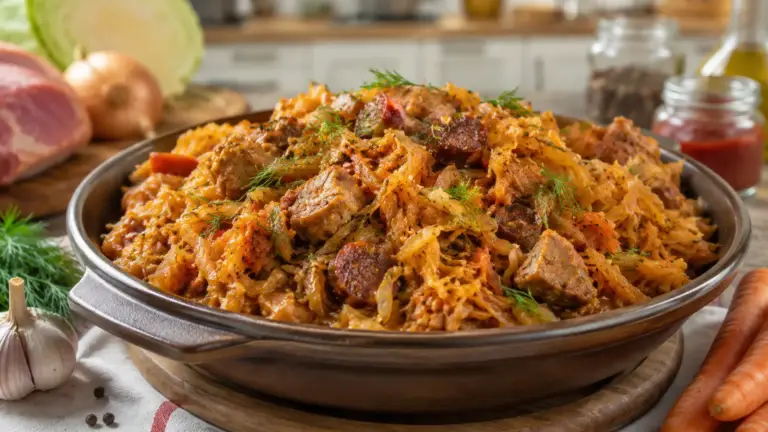 Фото блюда: Сытный бигос из тушеной капусты с мясом и копчёной колбасой по польскому рецепту